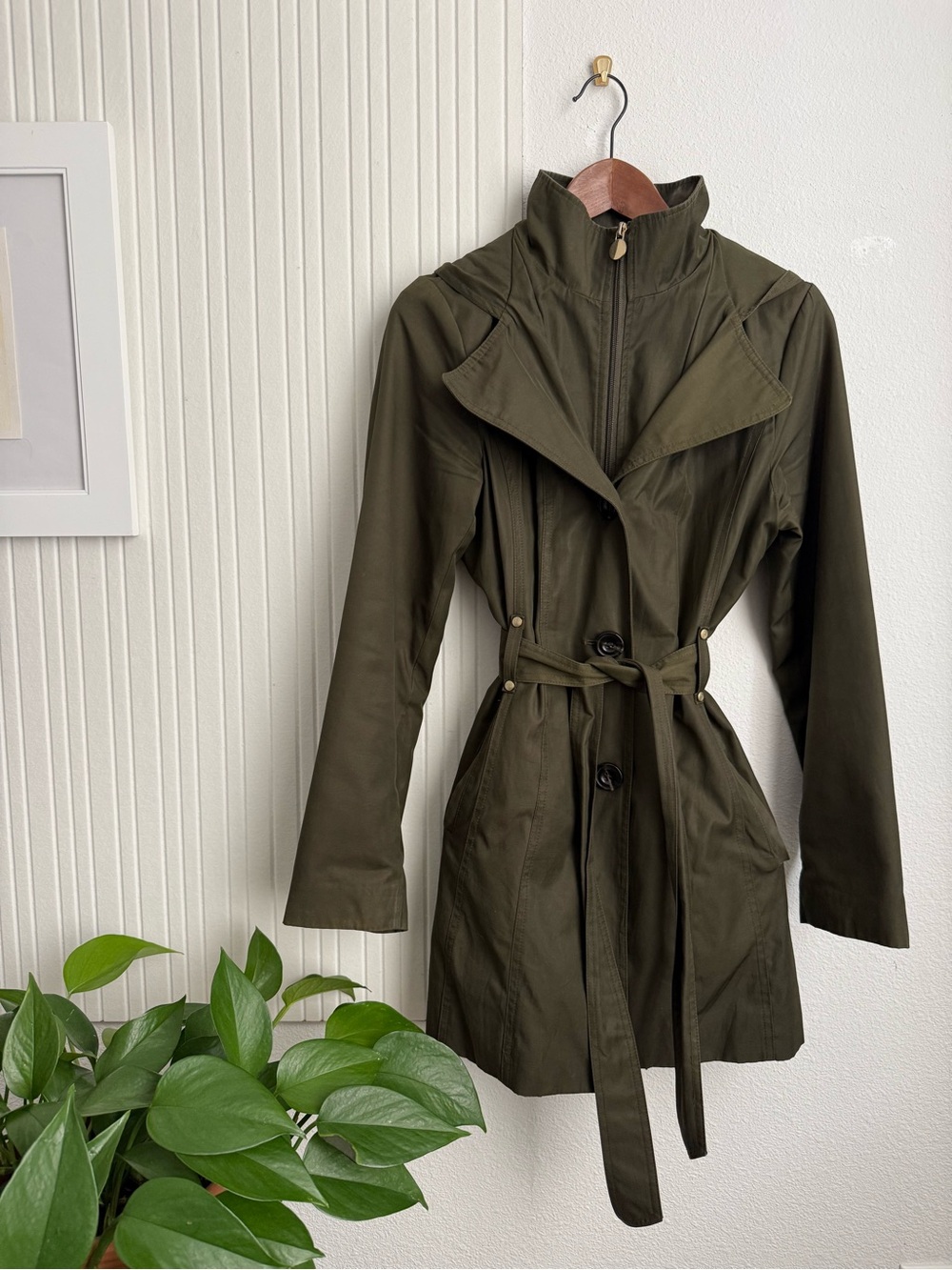 Olive Green Belted Trench Coat with Hood